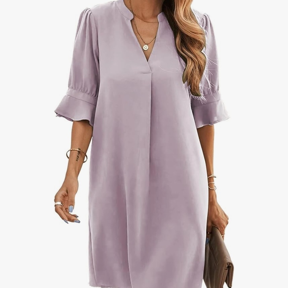 Famulily V Neck Puff Sleeve Solid Loose Fit Casual Summer Flowy Shirt Dress
